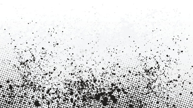 A white background with scattered black droplets and halftone dots from below.