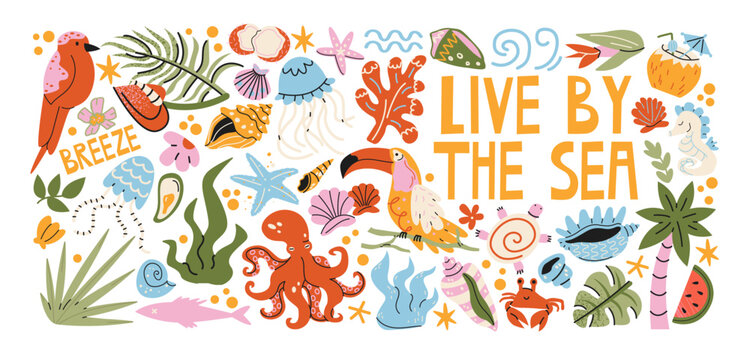 Tropical island life stickers with palm trees, tropical animals, exotic fruits, ocean plants and coastal nature, paradise vacation elements, summer beach travel and tropical lifestyle