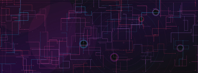 Fototapeta premium Cyberpunk digital circuit board background, neon purple and blue tech grid vector, futuristic data network lines for gaming and cybersecurity