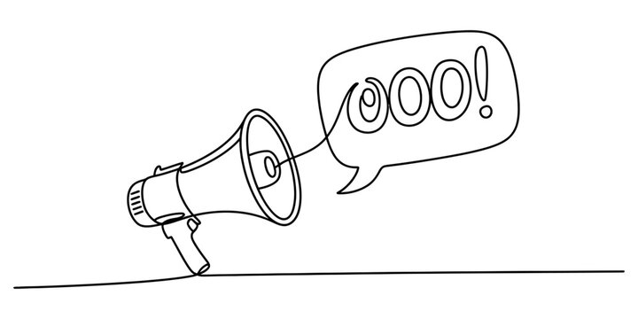 Continuous single line drawing of a megaphone with speech bubble saying ooo isolated on a white background Vector, illustration