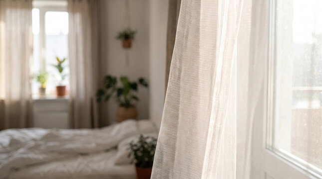 Mosquito net curtain window bedroom sheer fabric sunlight plant home interior hanging over bed for insect protection with soft natural light and calm cozy room