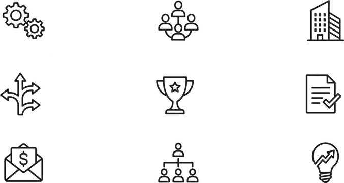 Set of nine corporate business management line icons with business, management
