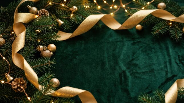 A festive green and gold Christmas wreath with pine cones and ribbons on a dark green velvet background.