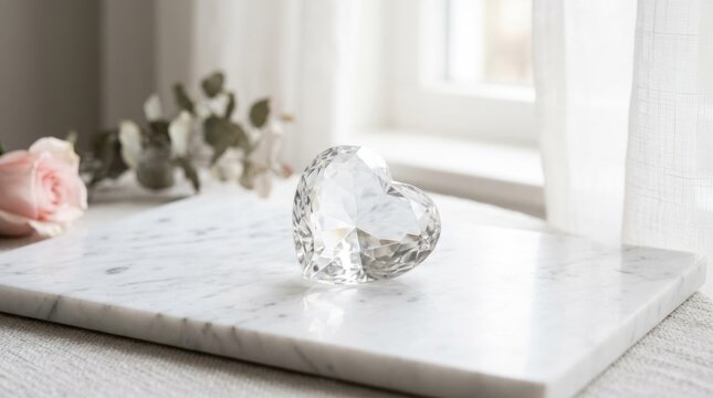 A clear, faceted crystal heart-shaped object on a marble surface, with a window and floral arrangement in the background.