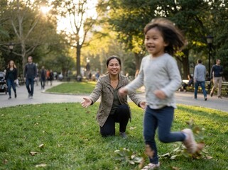 Fototapeta premium Smiling Asian mother kneeling on grass with open arms waiting to catch her happy young daughter running playfully across a sunny park during daytime with blurred people walking in background