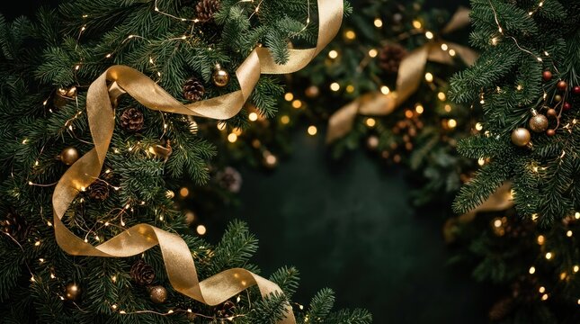 A Christmas wreath with gold ribbons and pine cones. The festive concept of holiday decorations.