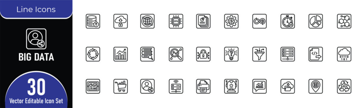30 Big Data Line Icons Set &ndash; Analytics, AI, Machine Learning, Database, Cloud Computing, Data Visualization, Business Intelligence & Editable Outline Vector Icons