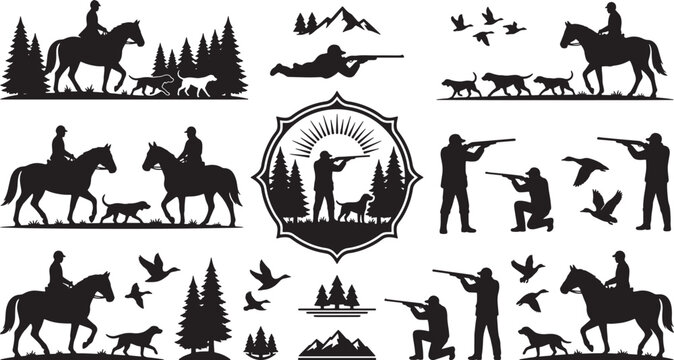 Hunting and equestrian silhouette collection featuring hunters with dogs horses and wildlife in black vector graphic style