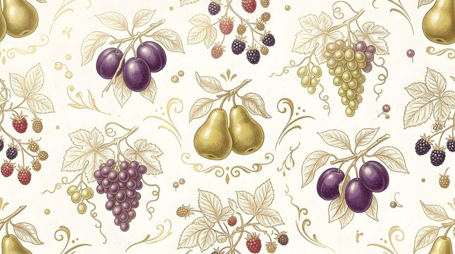 Vintage Botanical Fruit Pattern with Plums, Pears, and Grapes