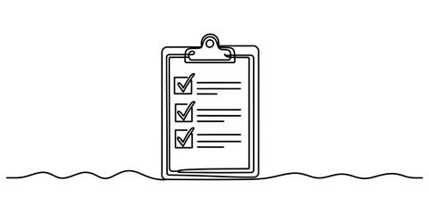 Continuous single line drawing of a clipboard with checklist and checked boxes © Nikhil Ray