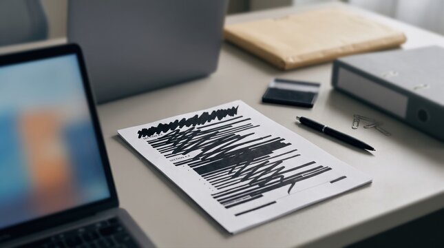 Trade compliance document with redacted lines on desk for export review