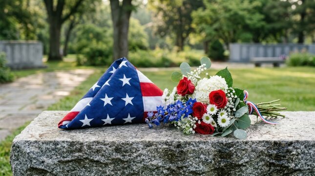 A red, white, and blue American flag draped over a stone monument with a bouquet of flowers.