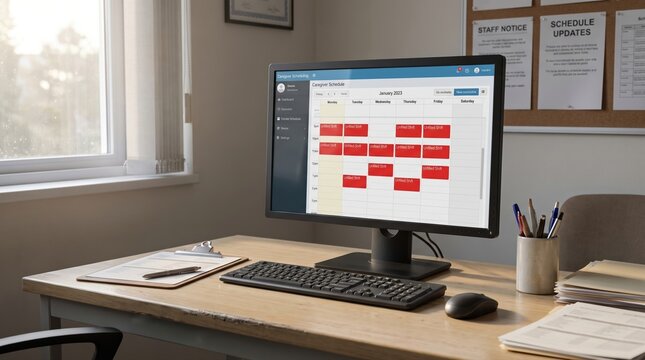 Unfilled shift caregiver scheduling software on monitor in care office