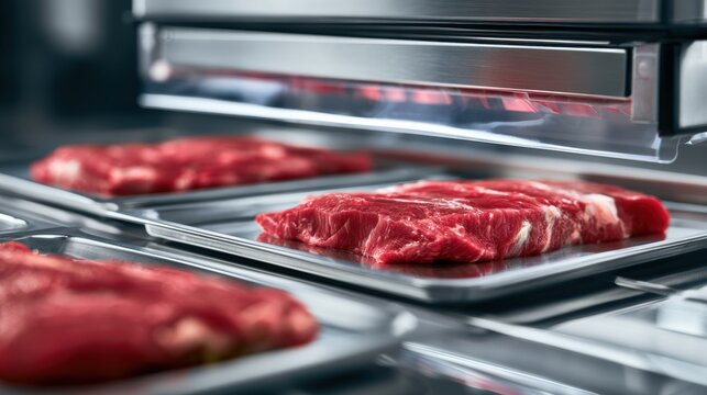 Packaged Beef Raw steaks placed on trays inside a modern food dehydrator or drying machine.