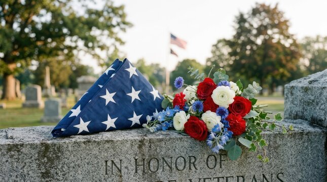 A flag with a floral arrangement on a gravestone in a cemetery.