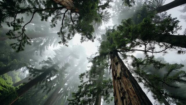 Tall trees rising into a misty forest