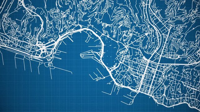 Ink reveal animation of Genoa city, Liguria, Italy, grid map. Aerial top view. Blueprint style. White lines with blue background. 4K Seamless loop.