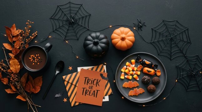A Halloween-themed table setting with pumpkins, candies, and a cup of hot chocolate.