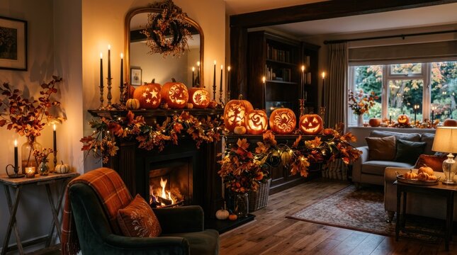 A cozy living room decorated for Halloween with pumpkins, candles, and autumn decorations.