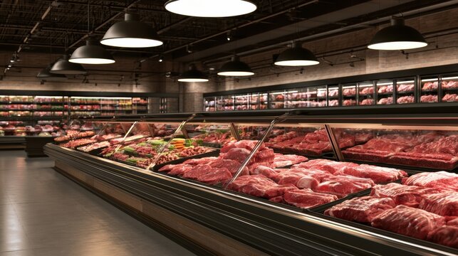 Packaged Beef Meat display cases filled with various cuts of raw meat in a spacious, well-lit supermarket or butcher shop.
