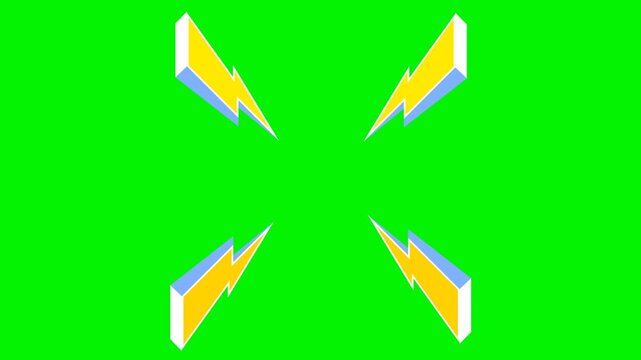 Animated comic lightning bolts appearing one by one with stop motion jitter and subtle scale animation. Seamless green screen loop for comic effects, motion graphics, cartoons, and video editing.