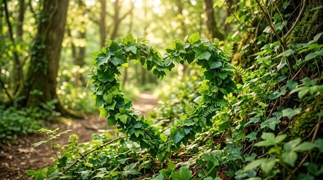 A heart-shaped wreath of green ivy leaves in a forest setting.