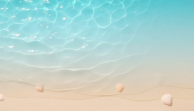 透明度の高い美しい海面と砂浜、貝殻が並ぶ夏らしいビーチの背景素材　Clear Blue Sea Water and Sandy Beach with Seashells Background