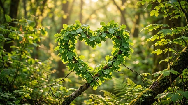 A heart-shaped leaf arrangement in a forest setting.