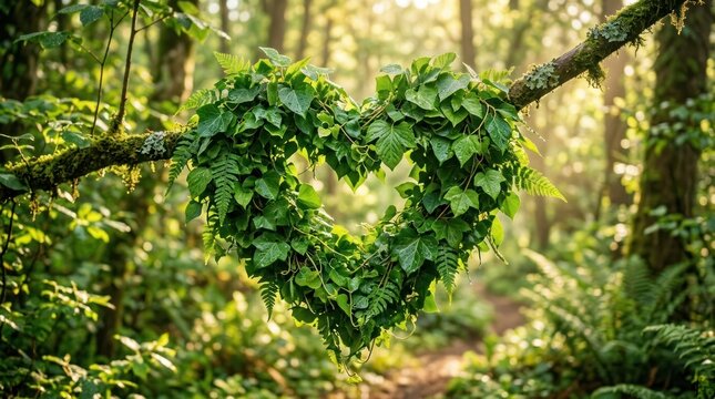A heart-shaped wreath made of green leaves and branches in a forest setting.
