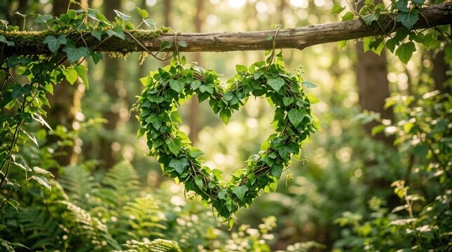 A heart-shaped wreath made of ivy leaves hanging from a wooden branch in a forest setting.