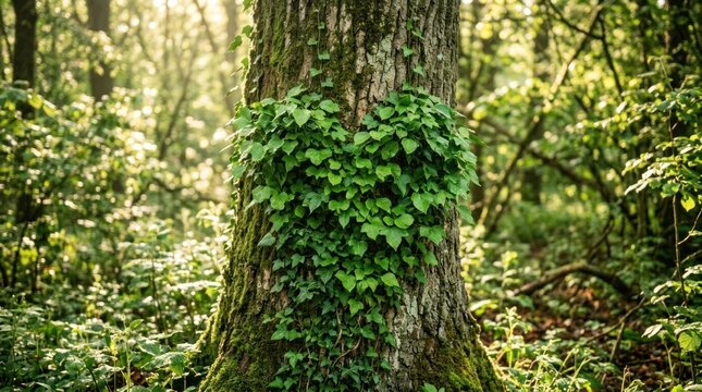 A tree trunk with ivy growing on it in a forest setting.
