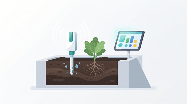 Soil moisture sensor interface in smart irrigation flat design illustration