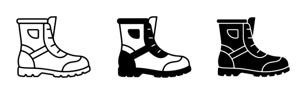 Military Boots Set: Tactical Combat Footwear Icons, Black and White Line Art, Solid Silhouette, Rugged Outdoor Gear for Army, Police, and Adventure