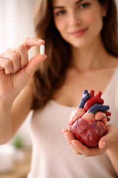 Woman holding anatomical heart model and medicine pill for cardiovascular health. Heart health care and cardiovascular treatment