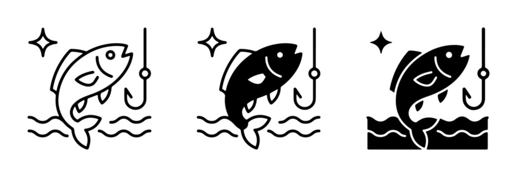 Fishing Icons: Jumping Fish, Hook, and Water Waves, Vector Graphics for Angling and Outdoors