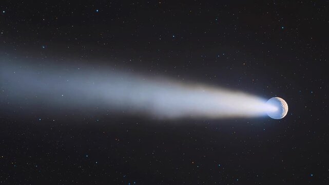 Asteroid traversing through deep space. Cosmic comet with long glowing tail moving across dark night sky. Astronomical phenomenon representing galaxy exploration