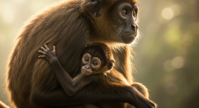 Baby spider monkey clinging to mother's chest, tender moment, soft backlight