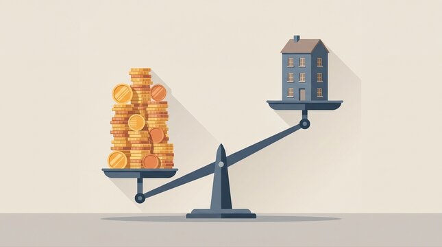 Coins outweigh apartment on tipping mechanical scale housing cost concept