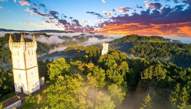 Castle towers emerge from misty green forest beneath a dramatic orange sunset sky.