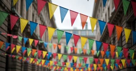 Fototapeta premium A low angle view of vibrant colorful triangular bunting flags hanging across a narrow city street during a festive summer street celebration