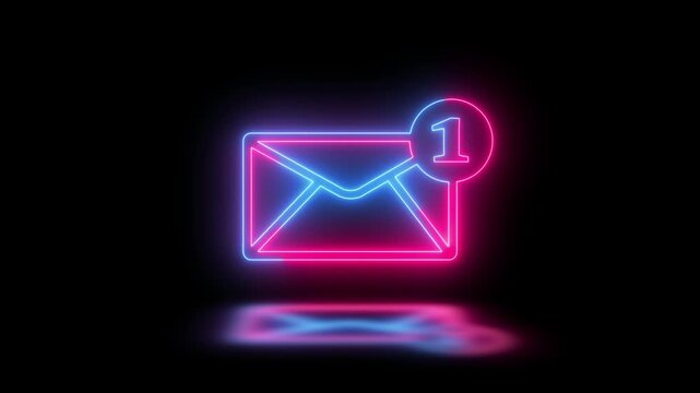 glowing neon mail envelope icon animation with one notification on dark background