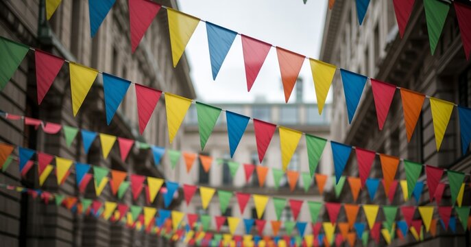 A low angle view of vibrant colorful triangular bunting flags hanging across a narrow city street during a festive summer street celebration