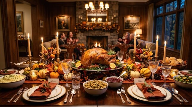 A beautifully decorated Thanksgiving table with a roasted turkey, various side dishes, and a festive atmosphere.