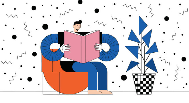 Man reading a book while sitting in an armchair with geometric shapes