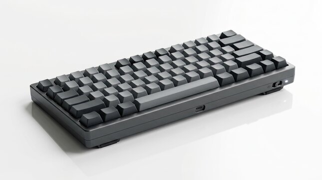 Modern black compact mechanical computer keyboard lying on clean white background with sleek blank keycaps for modern gaming office typing desk layout