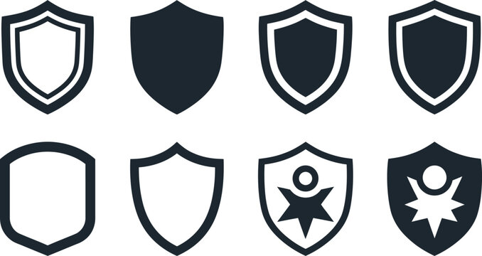 Elegant collection of shield vector graphic icons featuring diverse minimalist shapes for digital security systems and modern user interface design