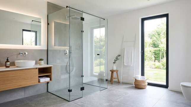 A modern, minimalist bathroom with a glass shower enclosure, white walls, and a large window overlooking a garden.