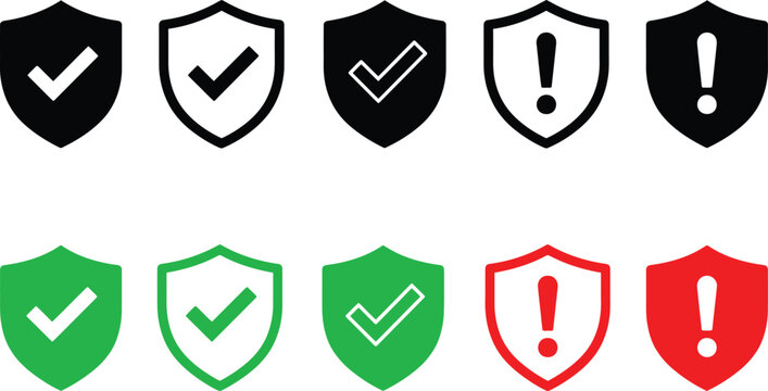 Shield icon set displaying various checkmark and exclamation mark symbols in black green and red colors for digital security design