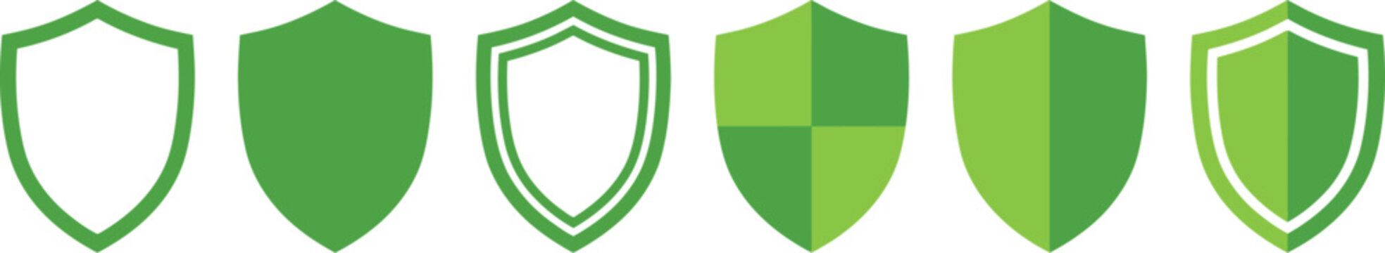 Set of green shield icons featuring various geometric line designs presented as flat vector graphic elements for digital security projects