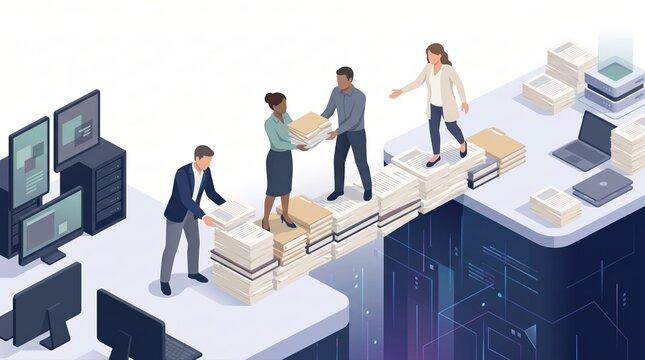 Paper bridge office team crossing digital gap with manual workflow continuity